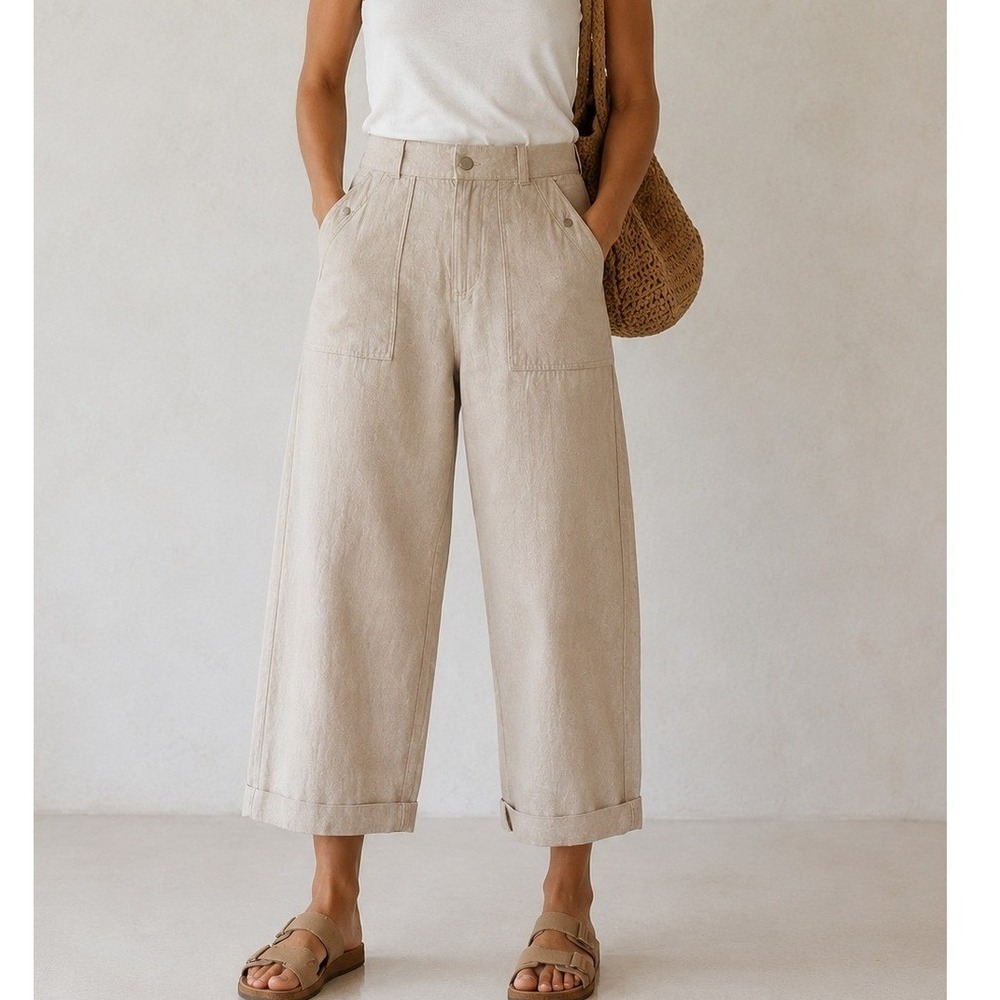 Tahari 100% Linen High Rise Safari Utility Crop Pants Oatmeal/Beige Large Cuffed